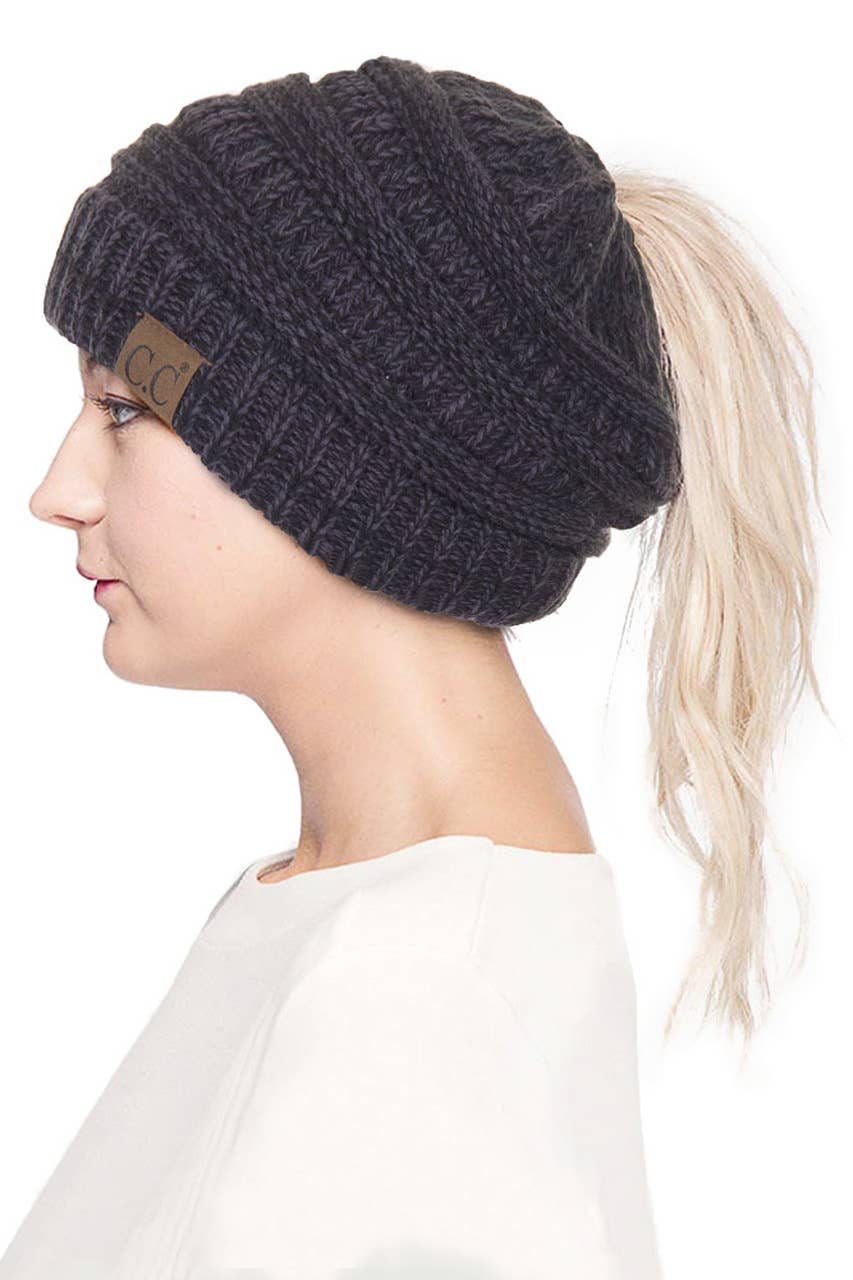 Mix Color Knit Ponytail Messy Bun Beanie