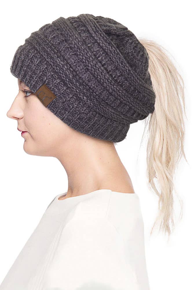 Mix Color Knit Ponytail Messy Bun Beanie