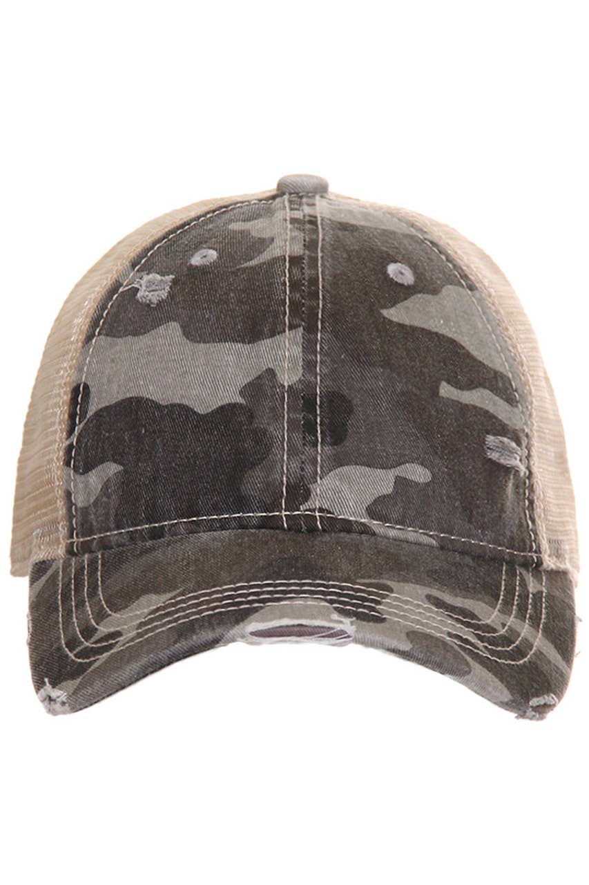 Camouflage distressed vintage style ponytail cap