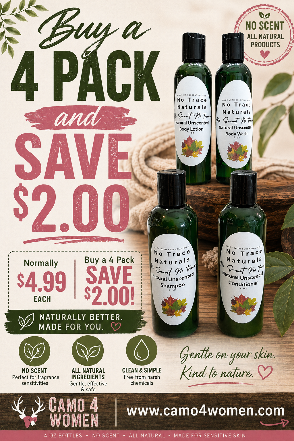 4 pack - Unscented shampoo, conditioner, body soap & body lotion