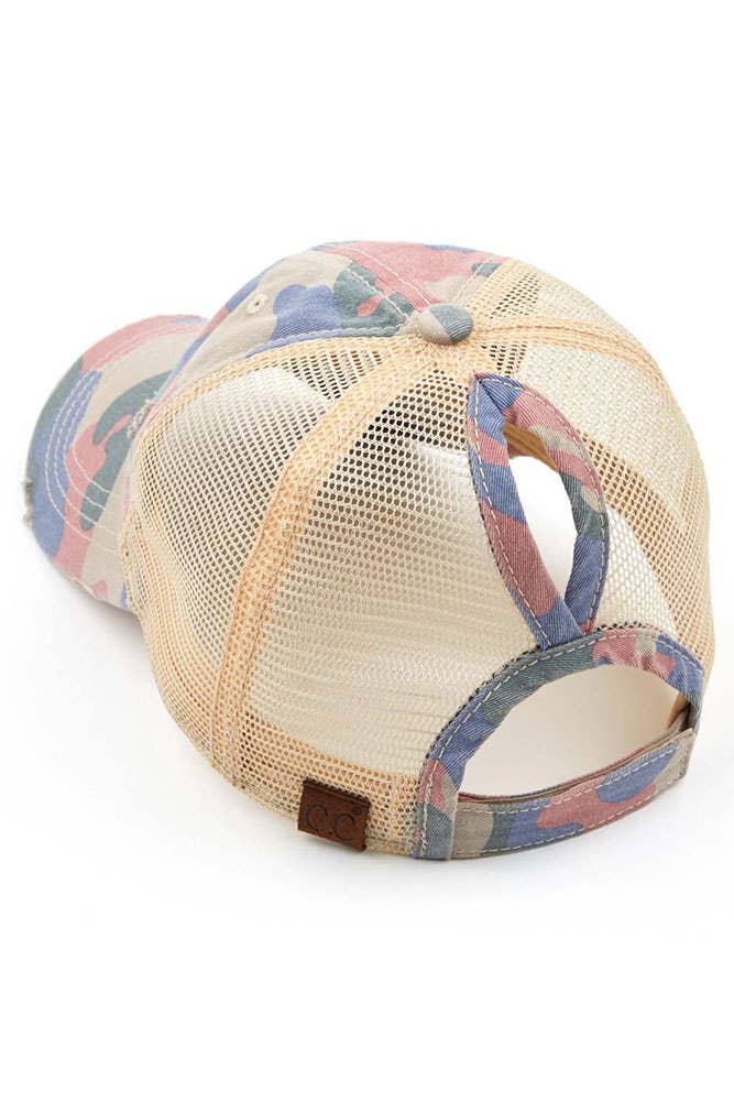 Camouflage distressed vintage style ponytail cap