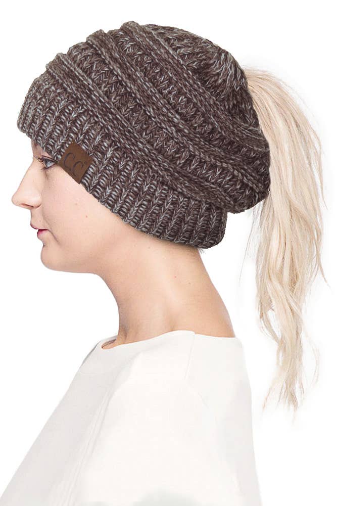 Mix Color Knit Ponytail Messy Bun Beanie