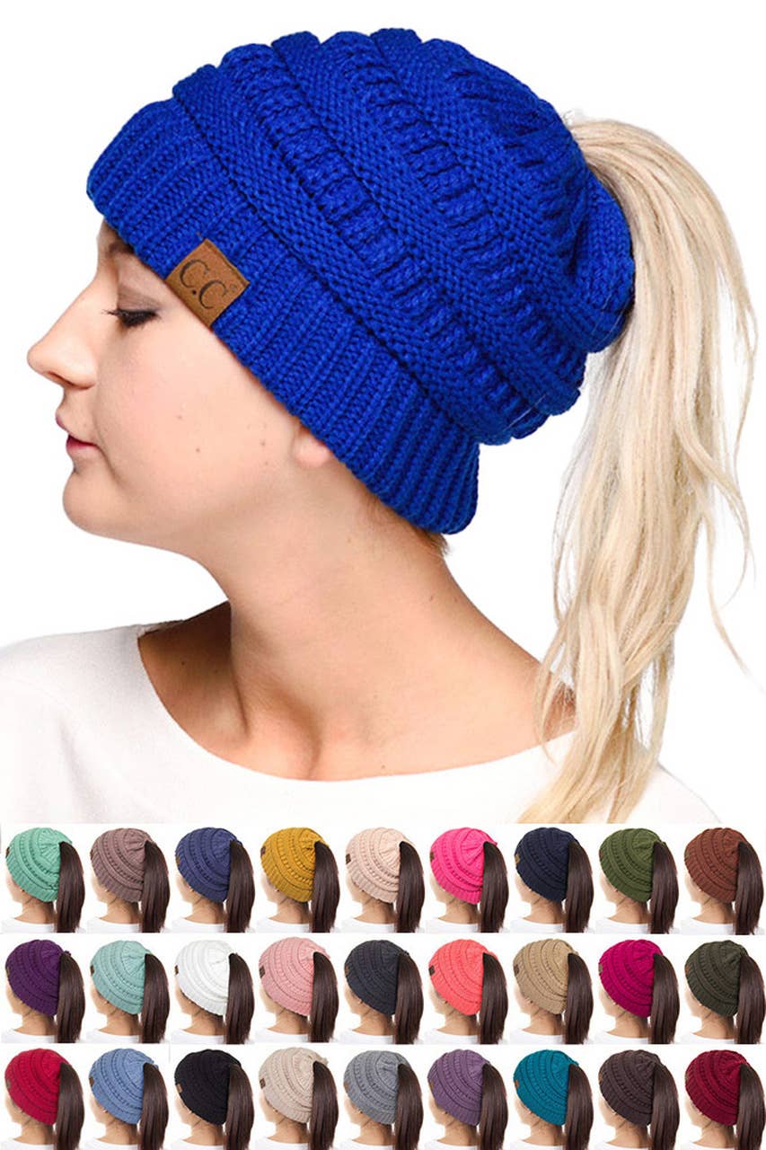 Solid Color Ponytail Messy Bun Beanie