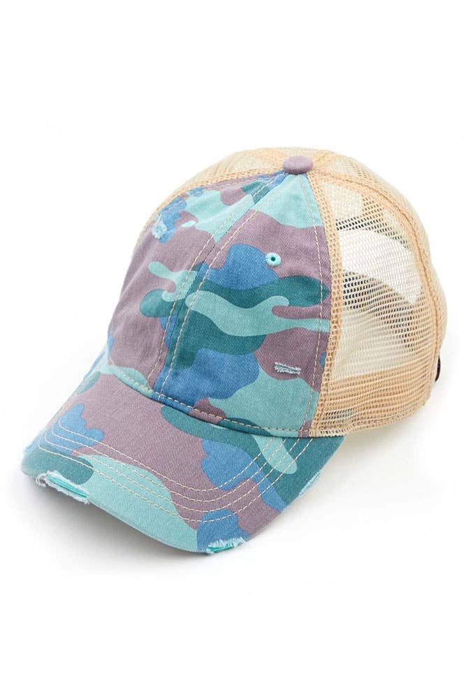 Camouflage distressed vintage style ponytail cap