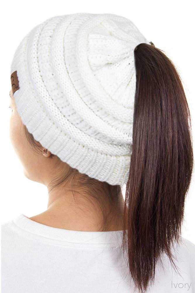 Solid Color Ponytail Messy Bun Beanie