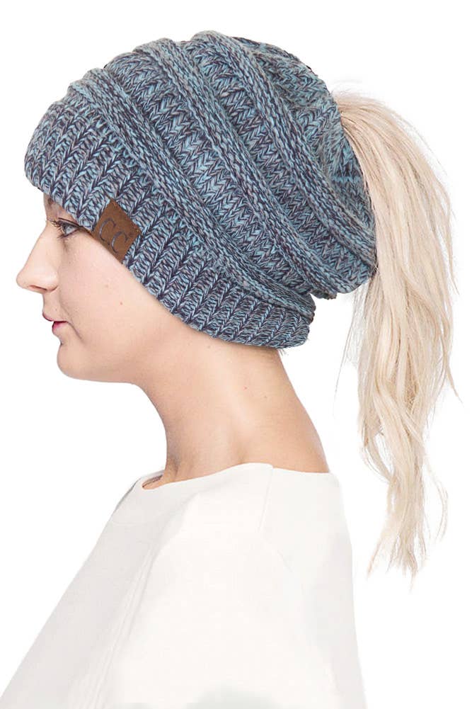 Mix Color Knit Ponytail Messy Bun Beanie