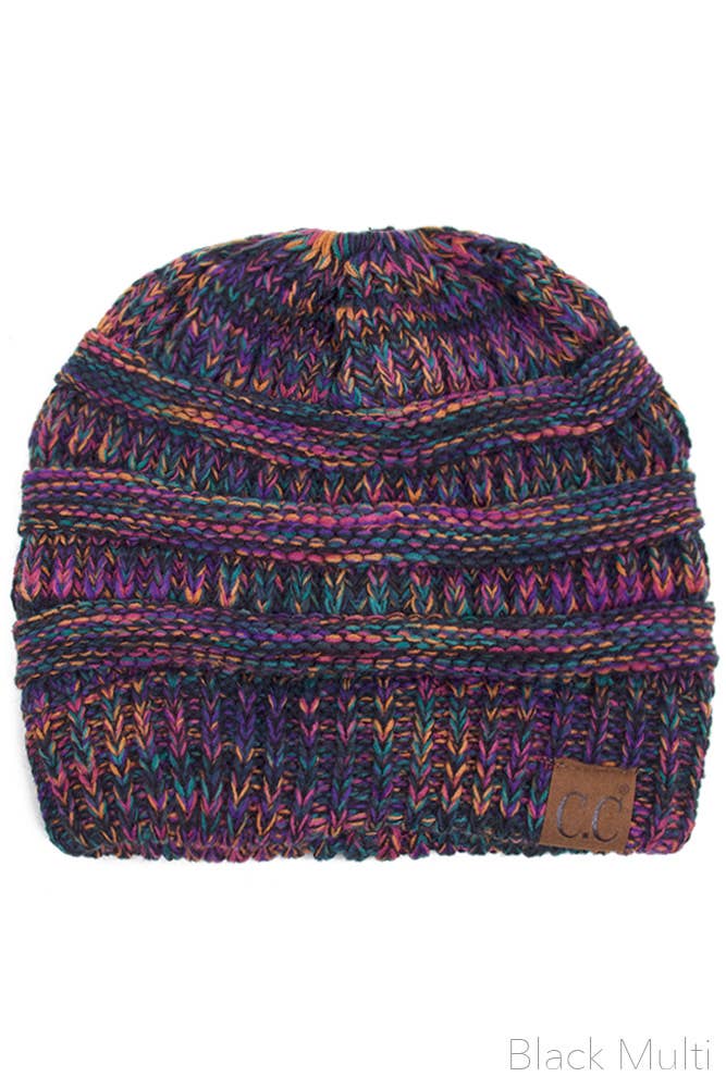 Mix Color Knit Ponytail Messy Bun Beanie