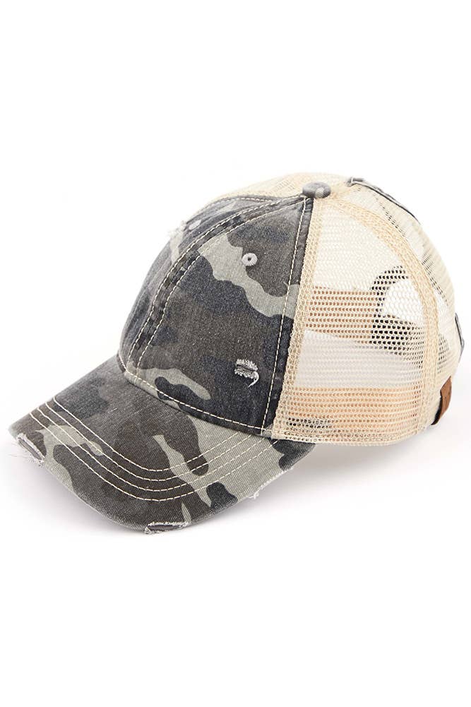 Camouflage distressed vintage style ponytail cap