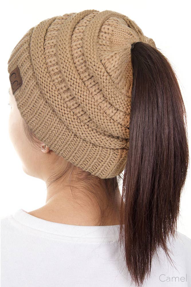 Solid Color Ponytail Messy Bun Beanie